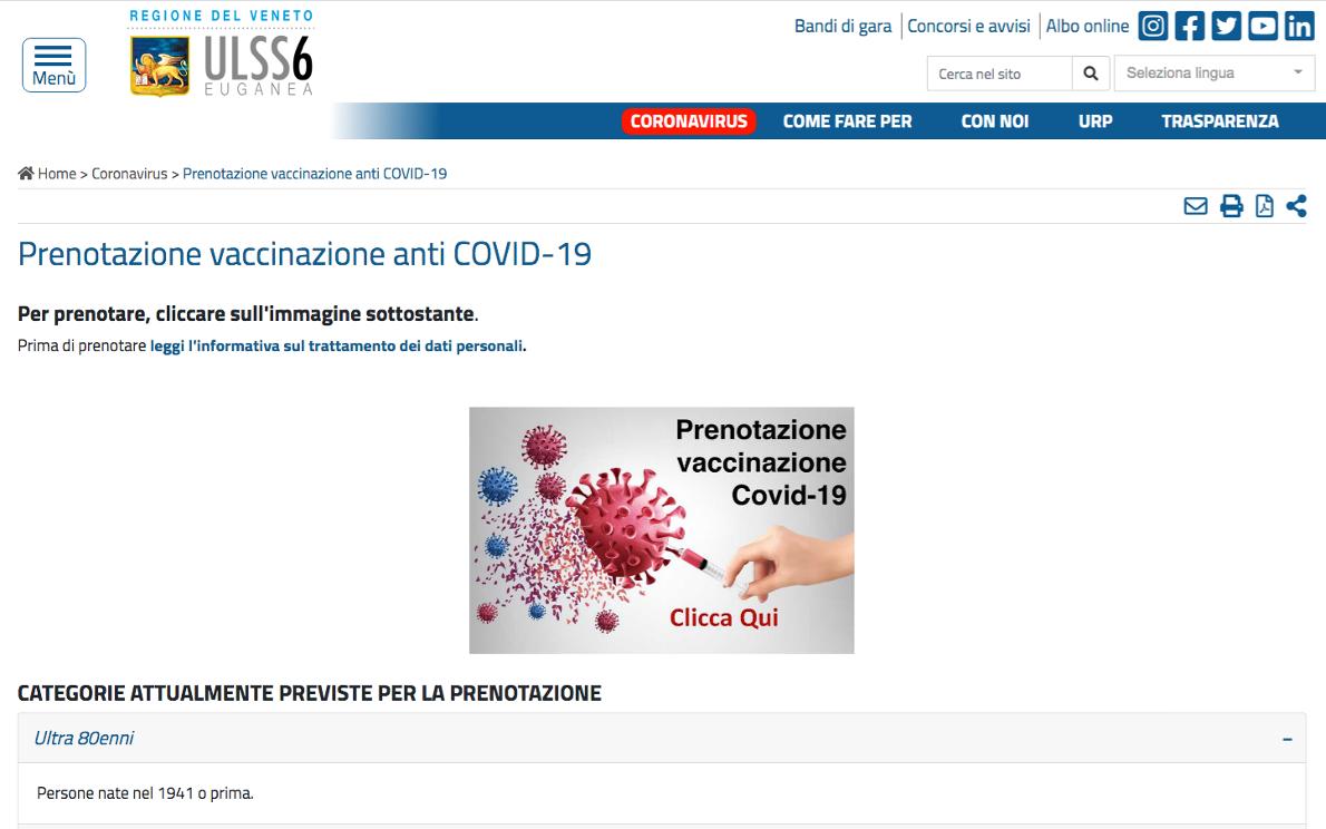 Vaccino anticovid l'Ulss 6 apre nel pomeriggio le prenotazioni per