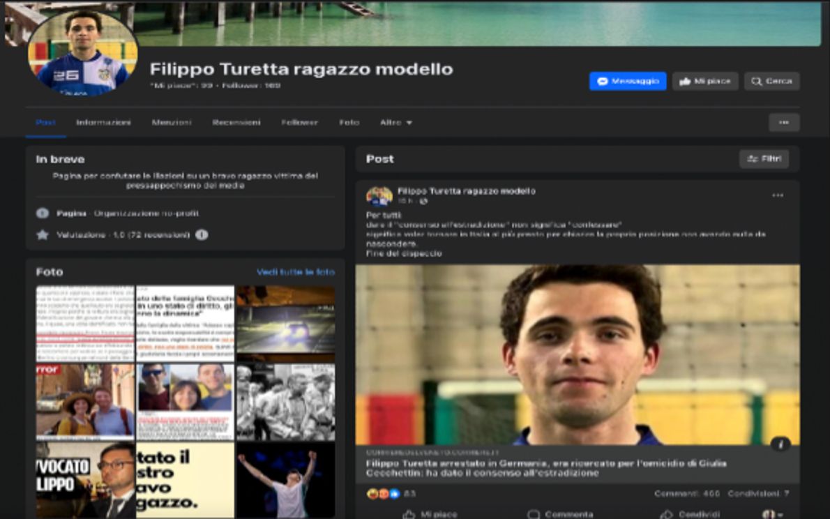 Pagina Facebook ‘Filippo Turetta ragazzo modello’