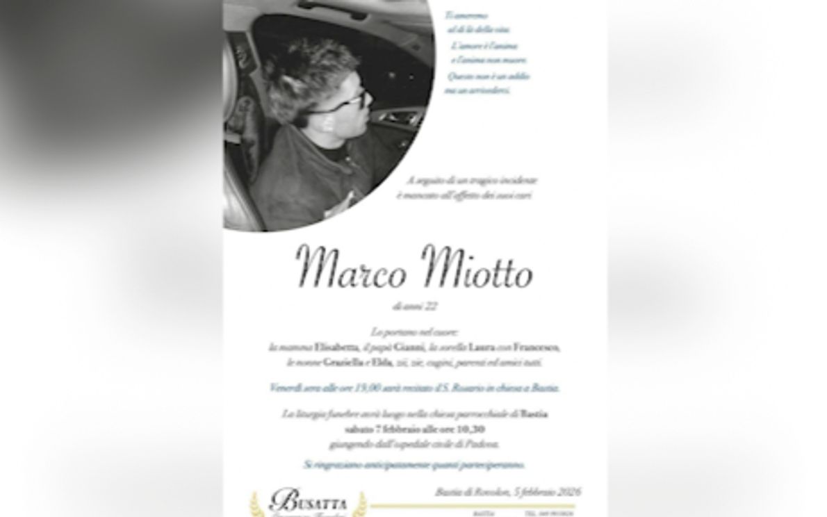 Sabato 7 febbraio i funerali di Marco Miotto